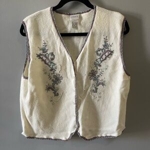 Vintage KORET vest cream Knit Grandma Vest W/ Embroidered Flowers and beading  M